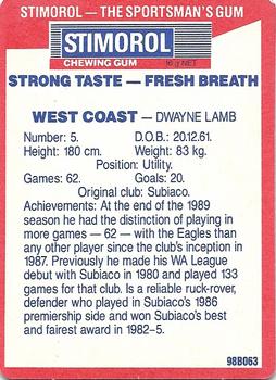 1990 AFL Scanlens Stimorol #123 Dwayne Lamb Back
